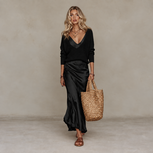 Satin Dress & Knit Sweater