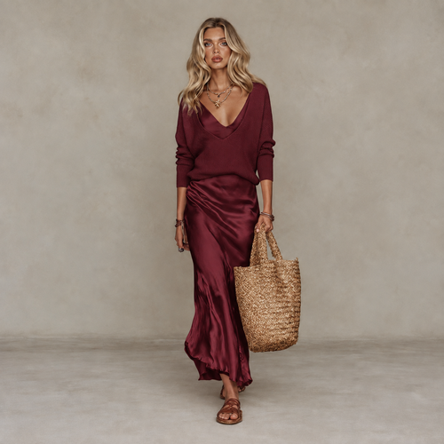 Satin Dress & Knit Sweater